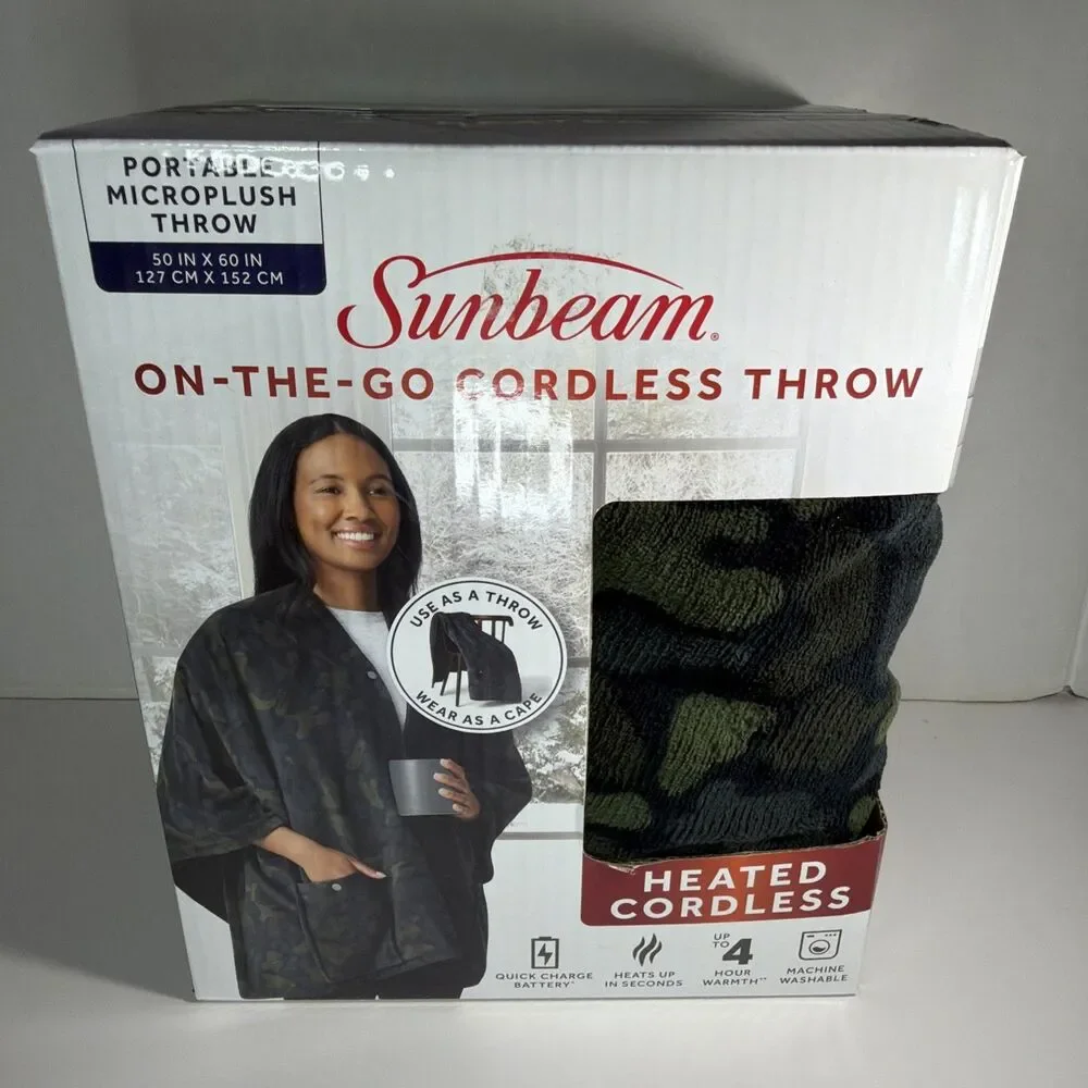 Sunbeam On-the-Go Cordless Heated Throw Blanket Microplush 4 Heat Settings 4 Hr